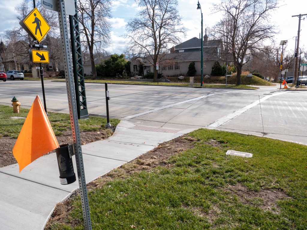 A picture of the enhanced crosswalk at 1200 East and South Temple.