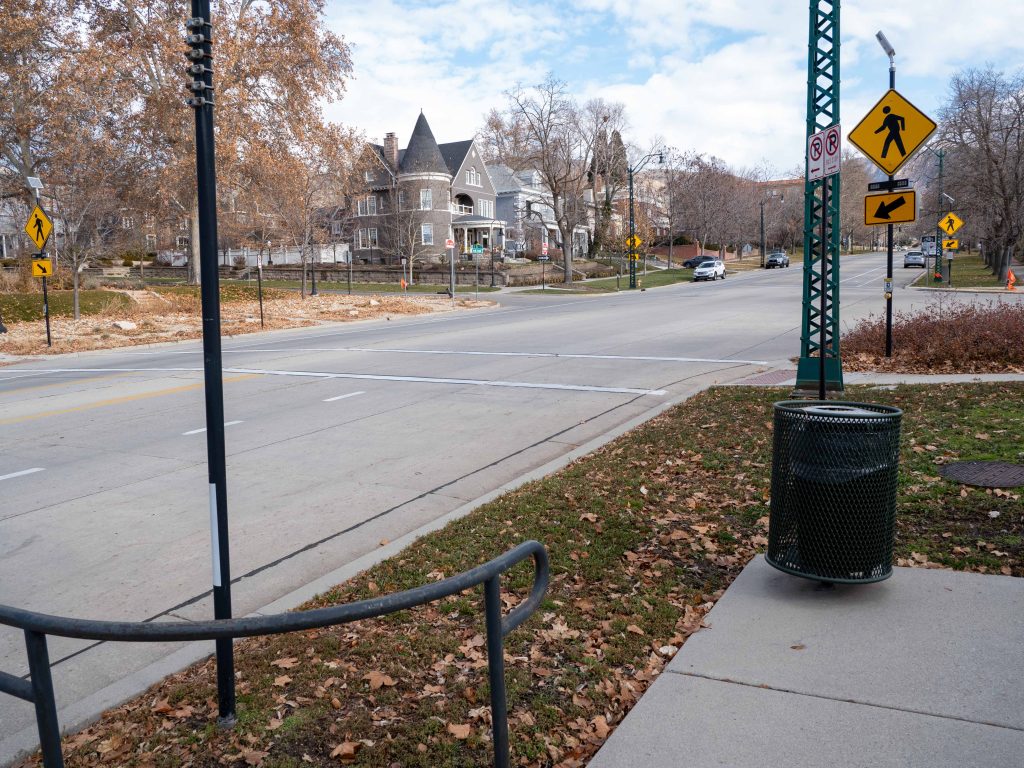 A picture of the enhanced crosswalk at 1200 East and South Temple.