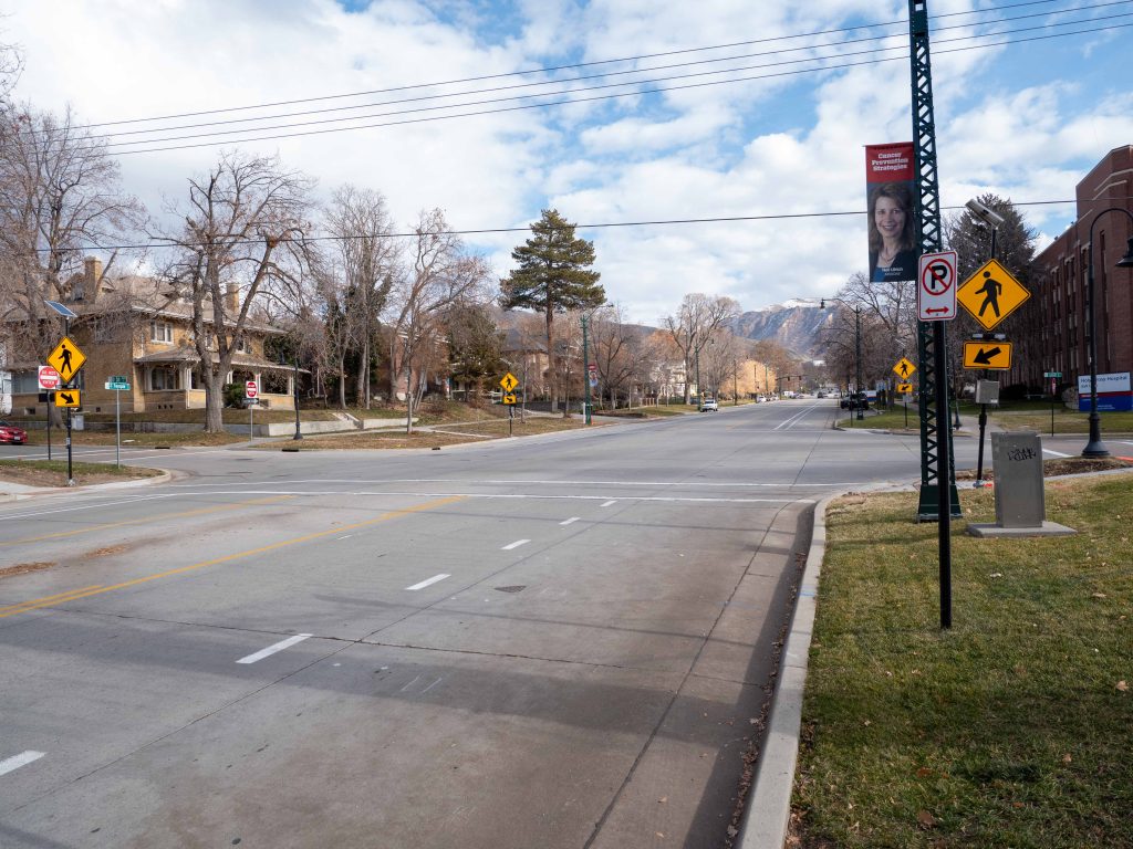 A picture of the enhanced crosswalk at 1000 East and South Temple.
