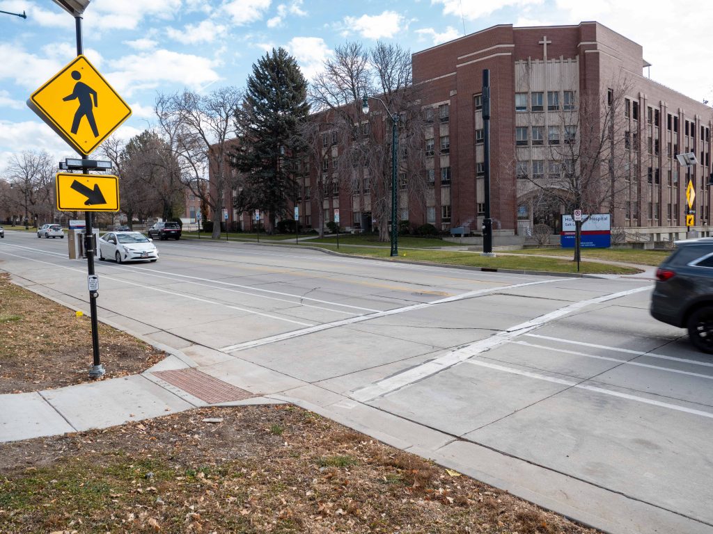 A picture of the enhanced crosswalk at 1000 East and South Temple.