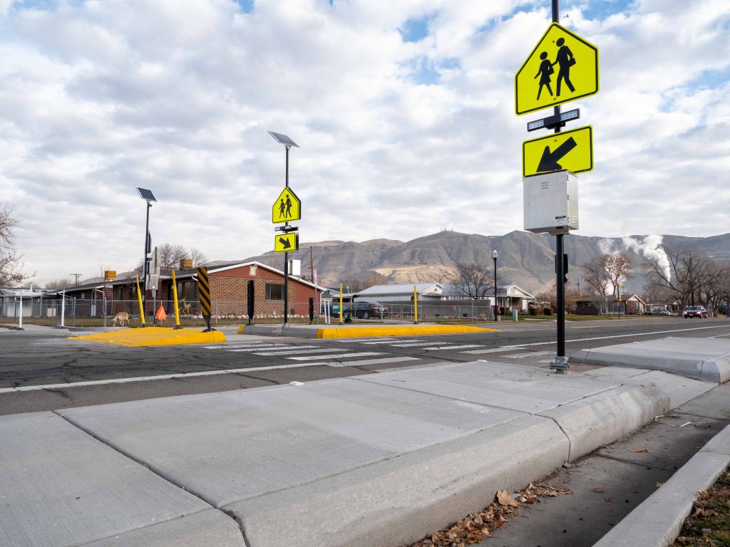A picture of the enhanced crosswalk at 1000 North and Capistrano Drive.