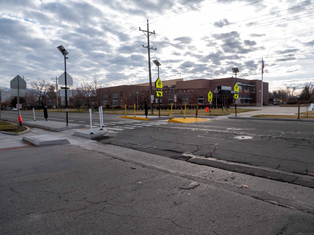 A picture of the enhanced crosswalk at 1000 North and Capistrano Drive.