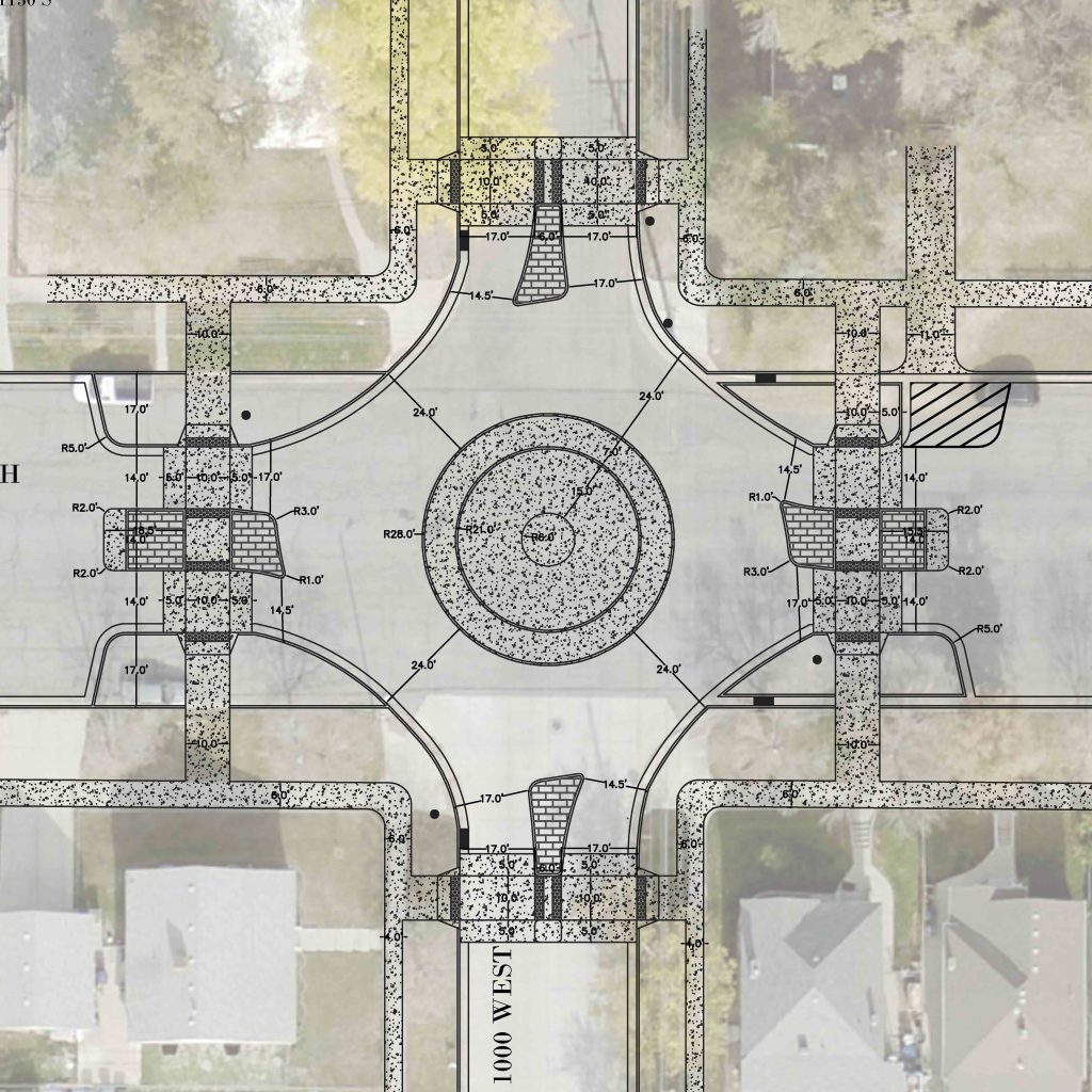 An aerial plan set of the 1000 West 700 South roundabout.