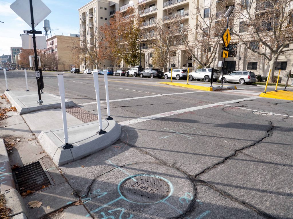 A picture of the enhanced crosswalk at 200 North and 400 West.
