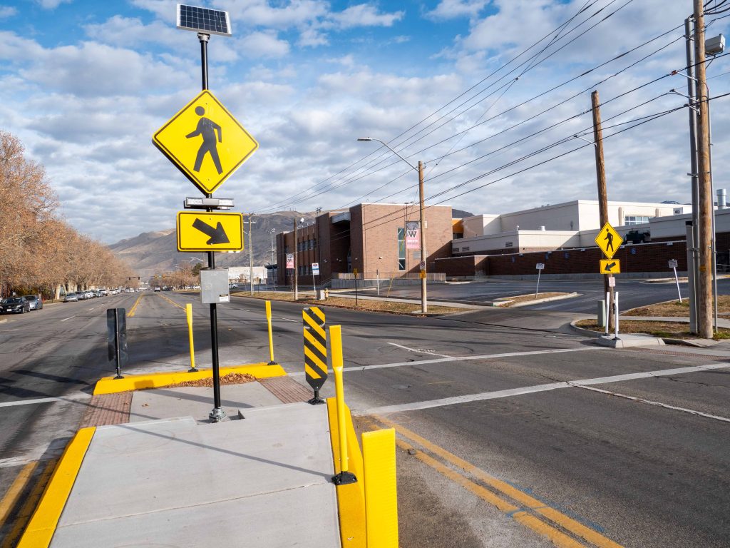 A picture of the enhanced crosswalk at 200 North and 400 West.