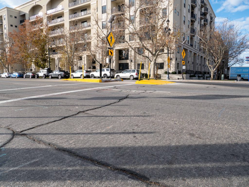 A picture of the enhanced crosswalk at 200 North and 400 West.