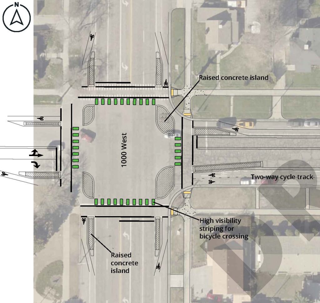 An aerial plan set of the 300 North and 1000 West intersection with raised concrete slow turn wedges, median islands, and green crosswalk paint to guide people riding bikes through the intersection.