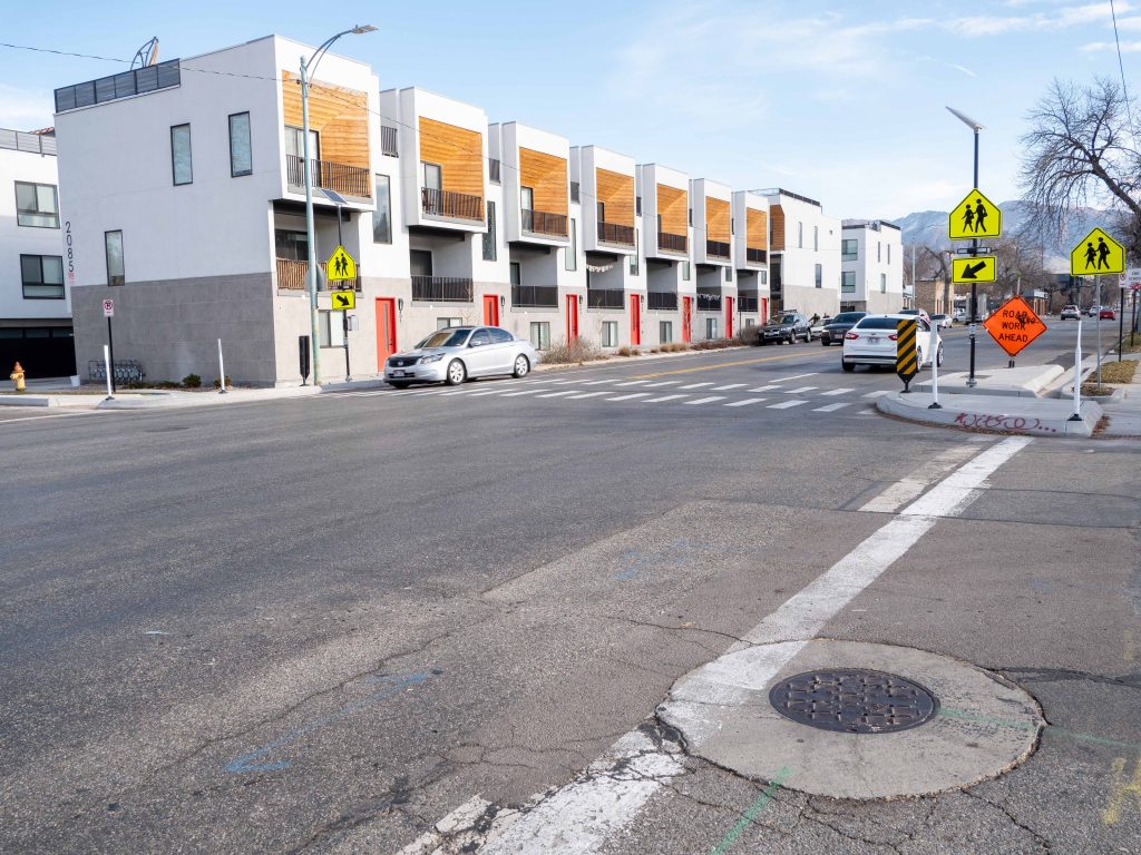 A picture of the enhanced crosswalk at 400 East 2100 South.
