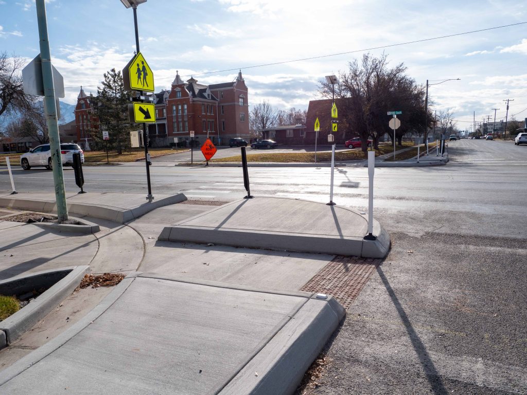 A picture of the enhanced crosswalk at 400 East 2100 South.