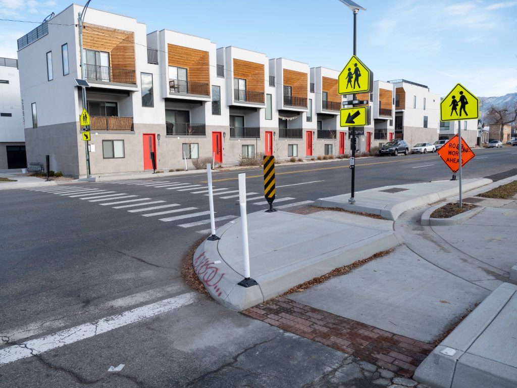 A picture of the enhanced crosswalk at 400 East 2100 South.