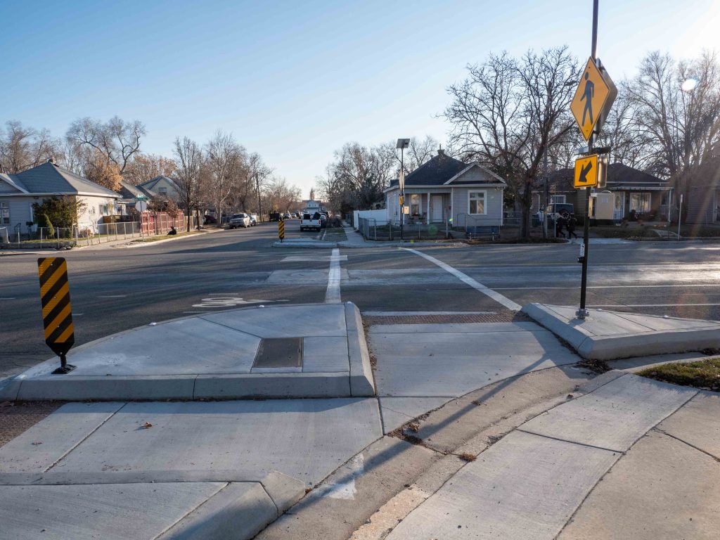 A picture of the enhanced crosswalk at Goshen Street and 400 South.