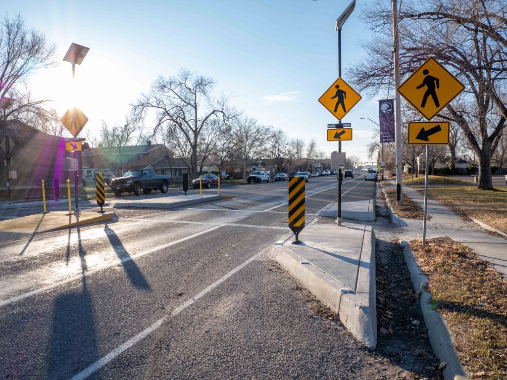 A picture of the enhanced crosswalk at 1400 West and 400 South.