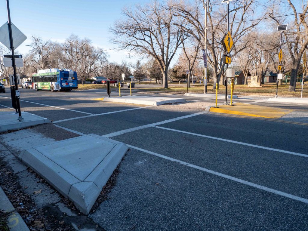 A picture of the enhanced crosswalk at 1400 West and 400 South.