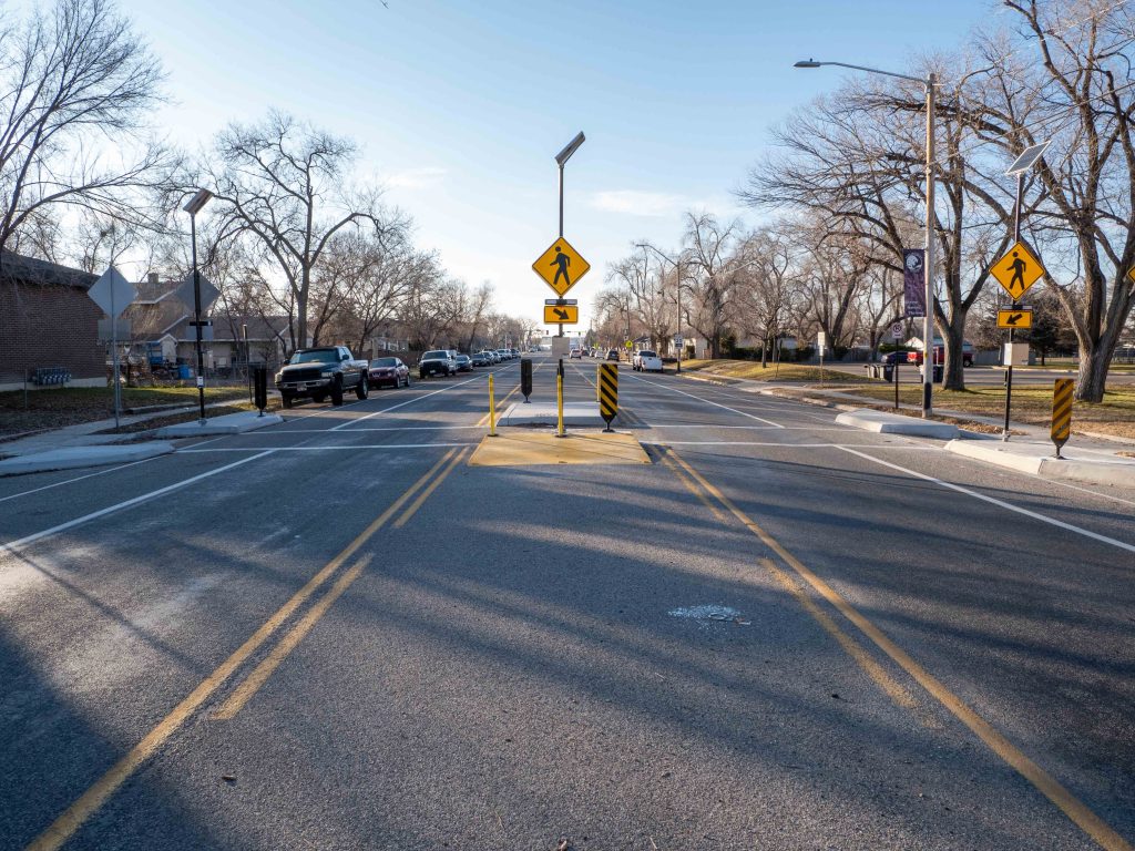 A picture of the enhanced crosswalk at 1400 West and 400 South.