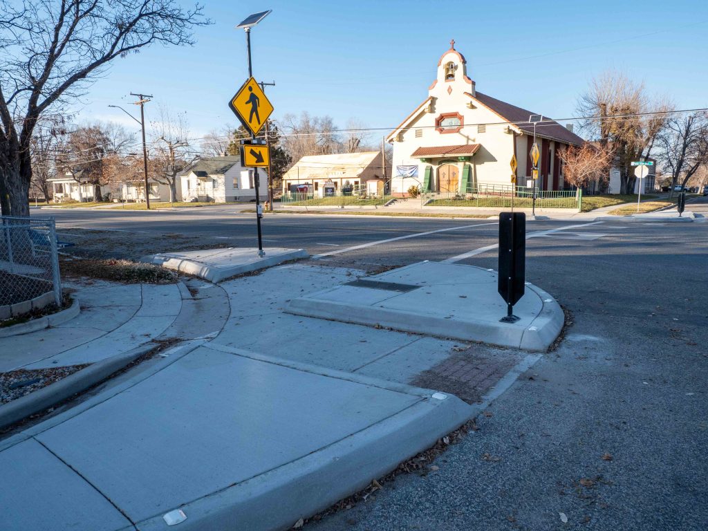A picture of the enhanced crosswalk at Goshen Street and 400 South.