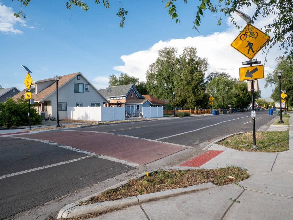 A picture of a crosswalk improvement at the intersection of Indiana Avenue and Cheyenne Street.