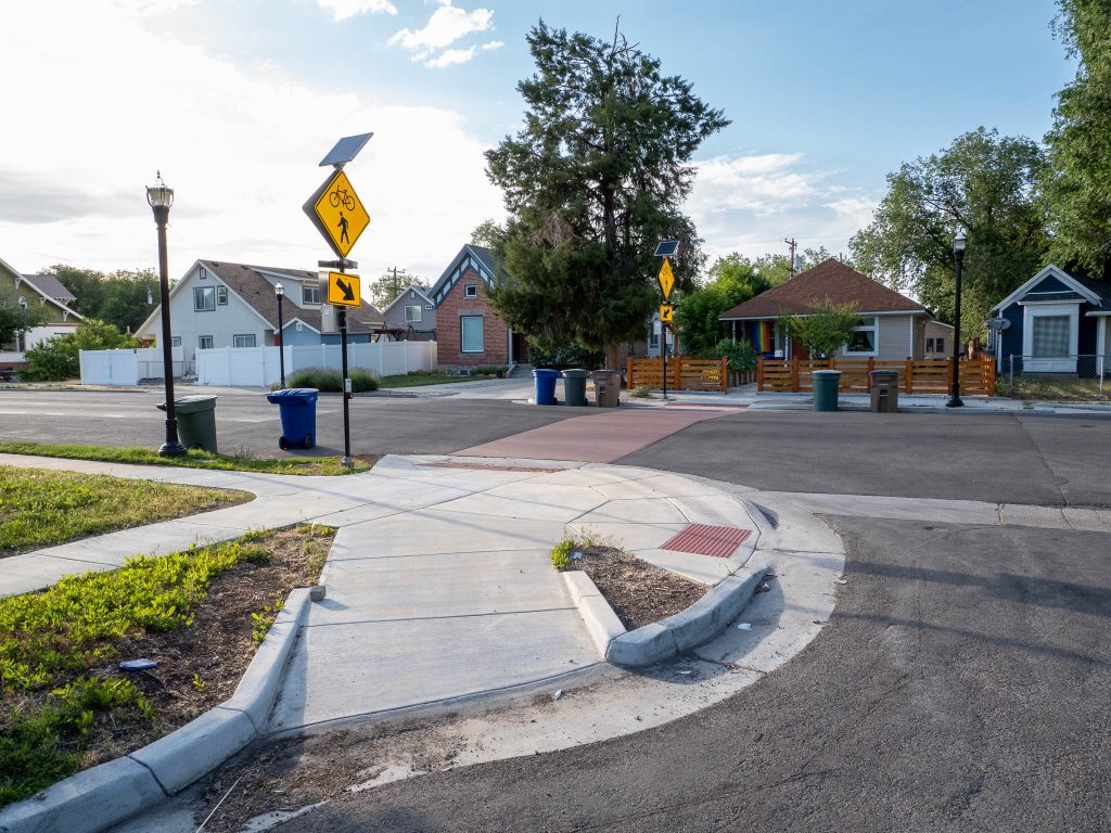 A picture of a crosswalk improvement at the intersection of Indiana Avenue and Cheyenne Street.