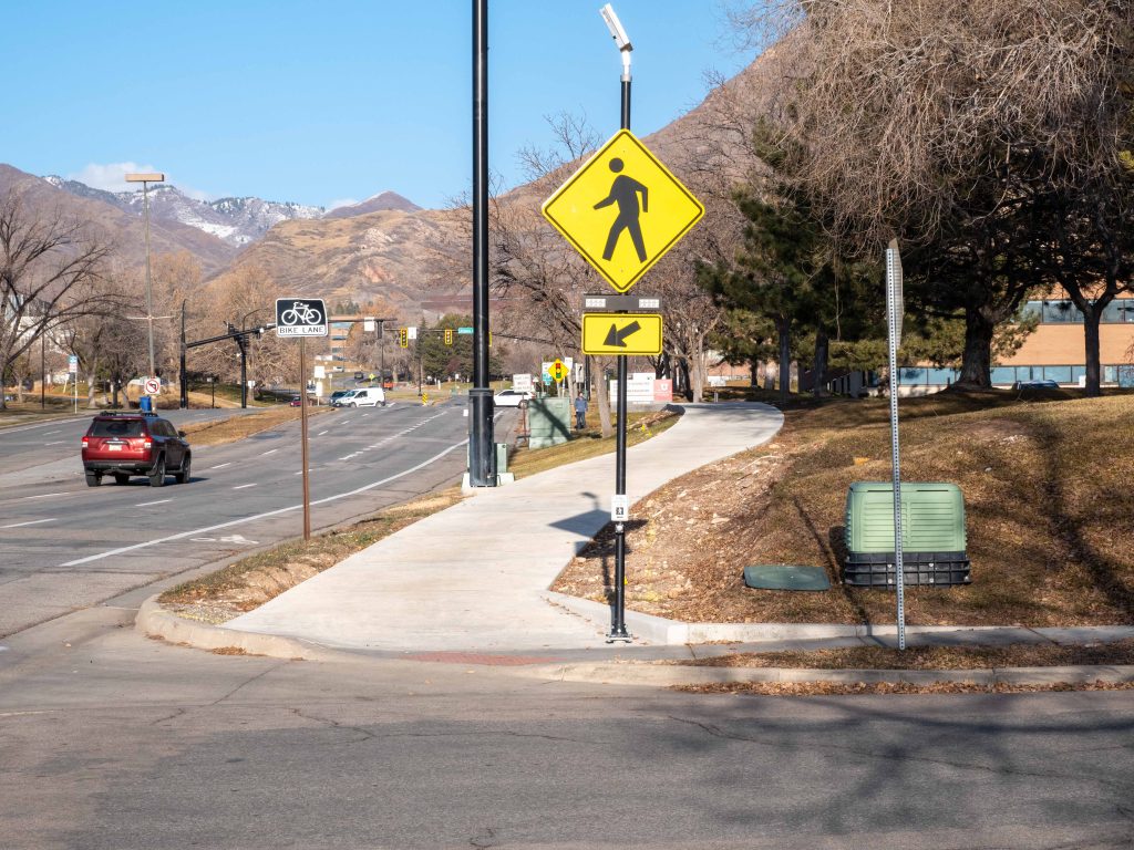 A picture of the enhanced crosswalk on Wakara Way.