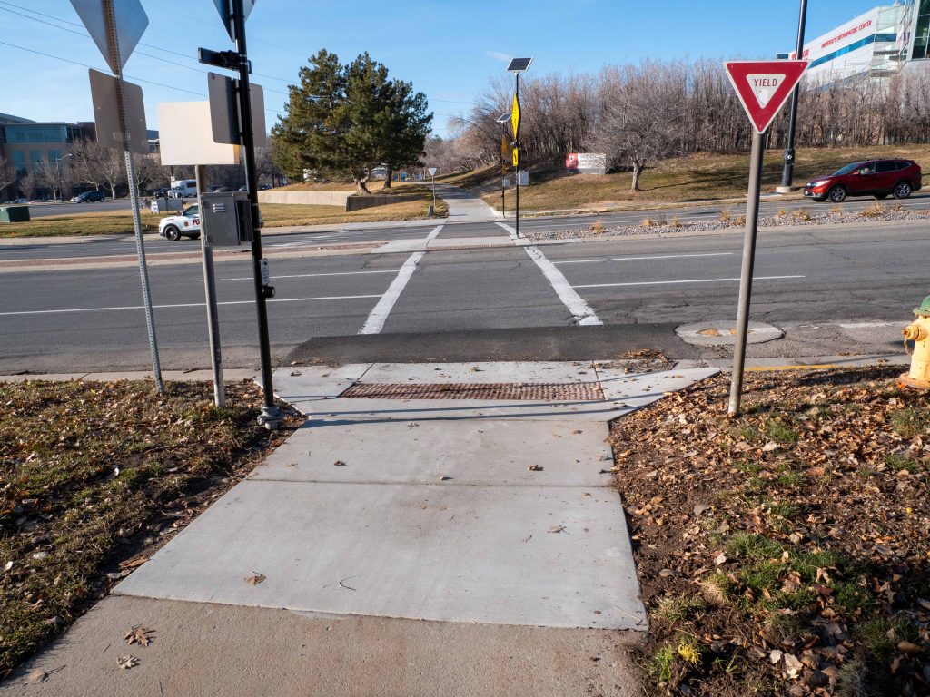 A picture of the enhanced crosswalk on Wakara Way.