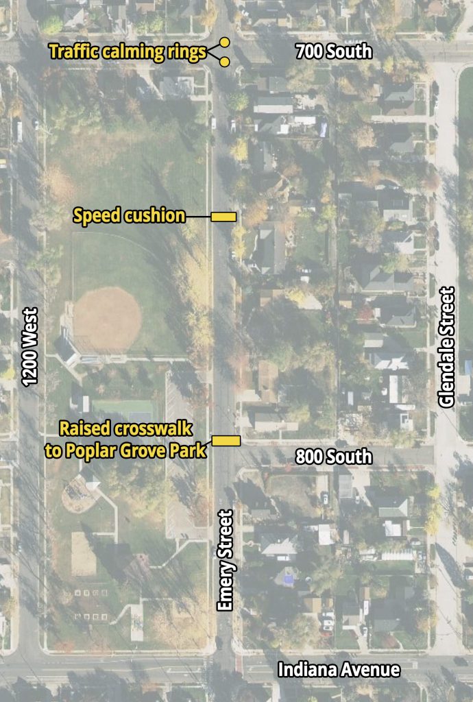 A map of Emery Street traffic calming. It shows traffic calming rings at the intersection of Emery Street and 700 South, a raised crosswalk at 800 South, and a speed cushion in between at roughly 730 South.