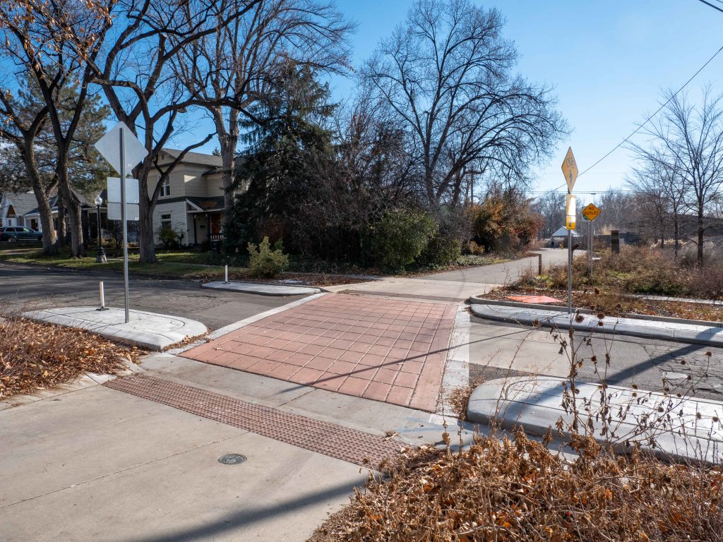 A photo of the traffic calming improvements at the McClelland Trail crossing.