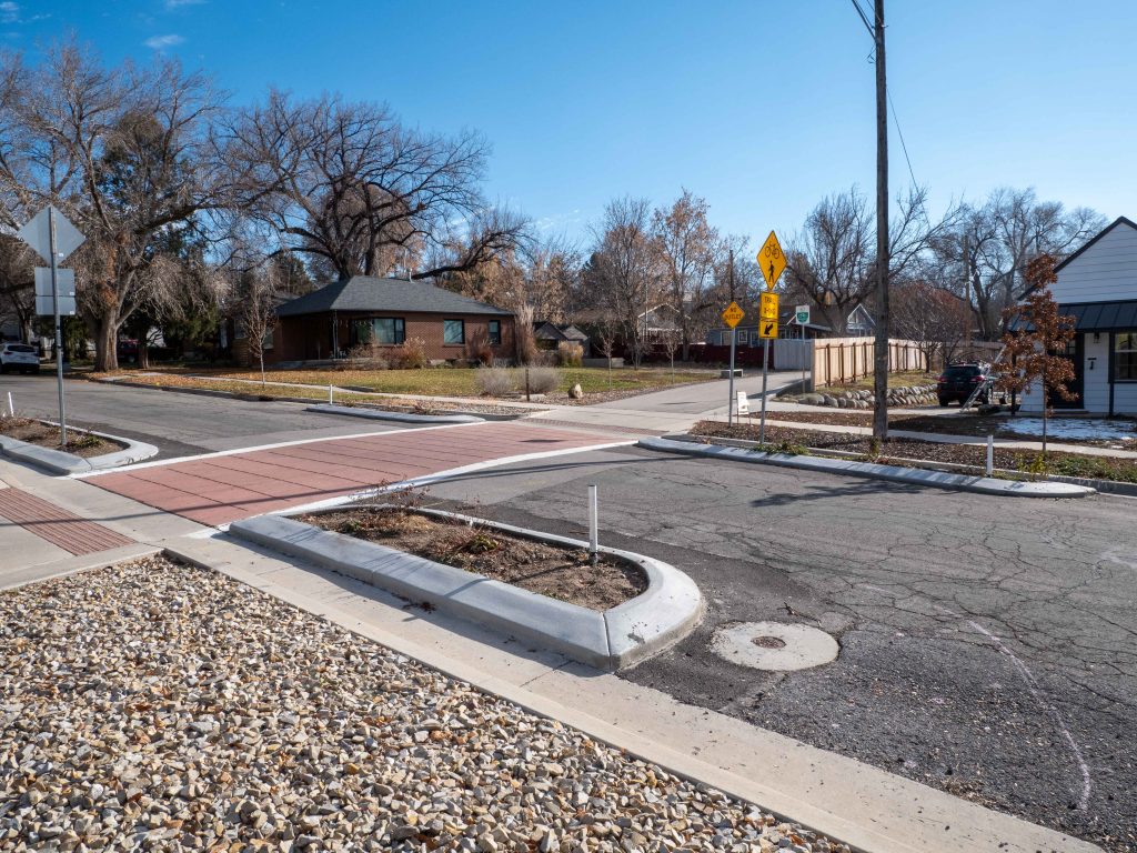 A photo of the traffic calming improvements at the McClelland Trail crossing.