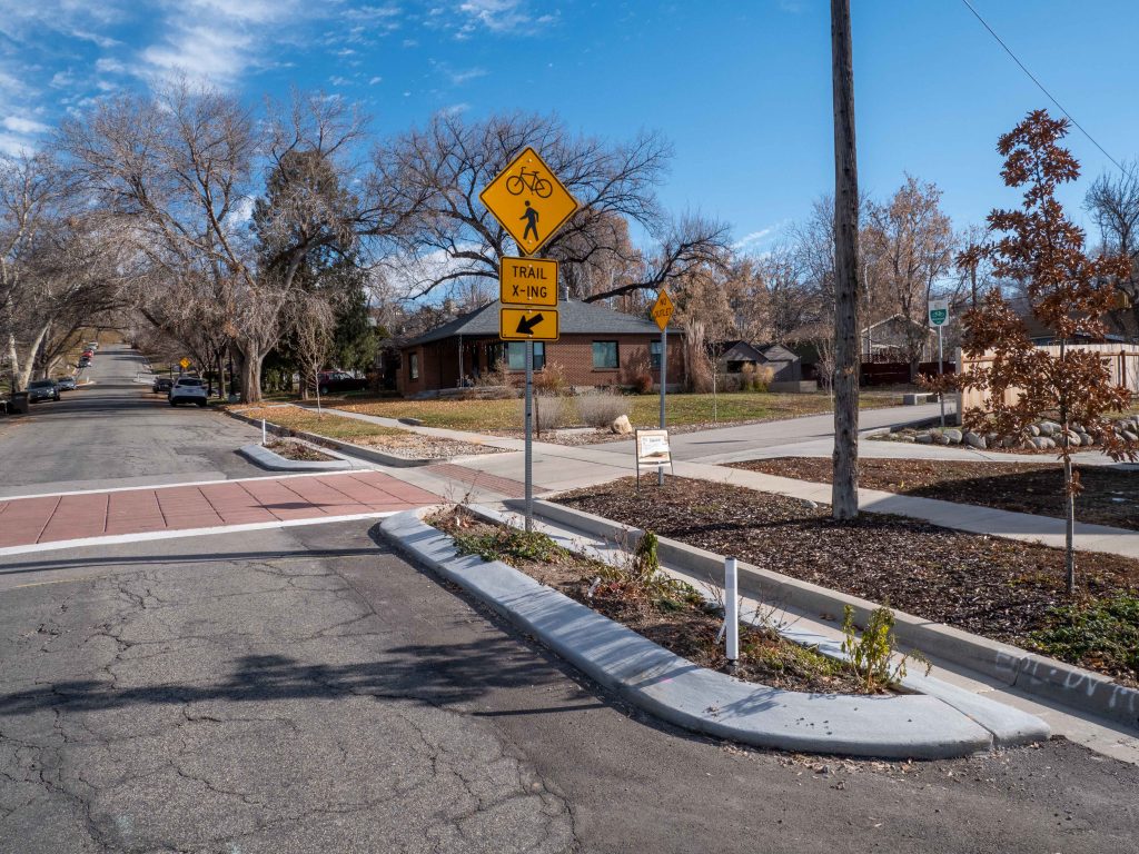 A photo of the traffic calming improvements at the McClelland Trail crossing.