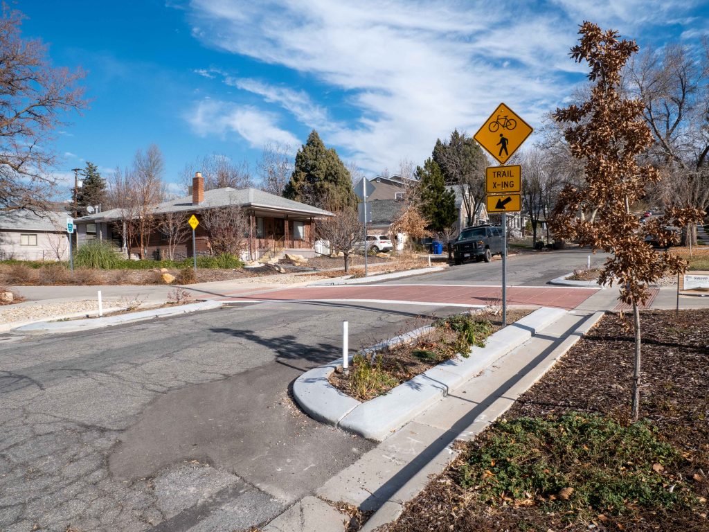 A photo of the traffic calming improvements at the McClelland Trail crossing.