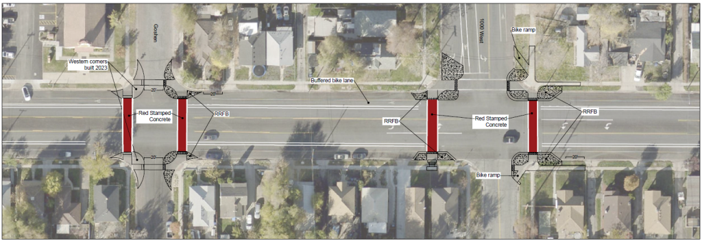 An aerial graphic depicting the proposed improvements to 400 South at the Goshen and 1000 West intersections.
