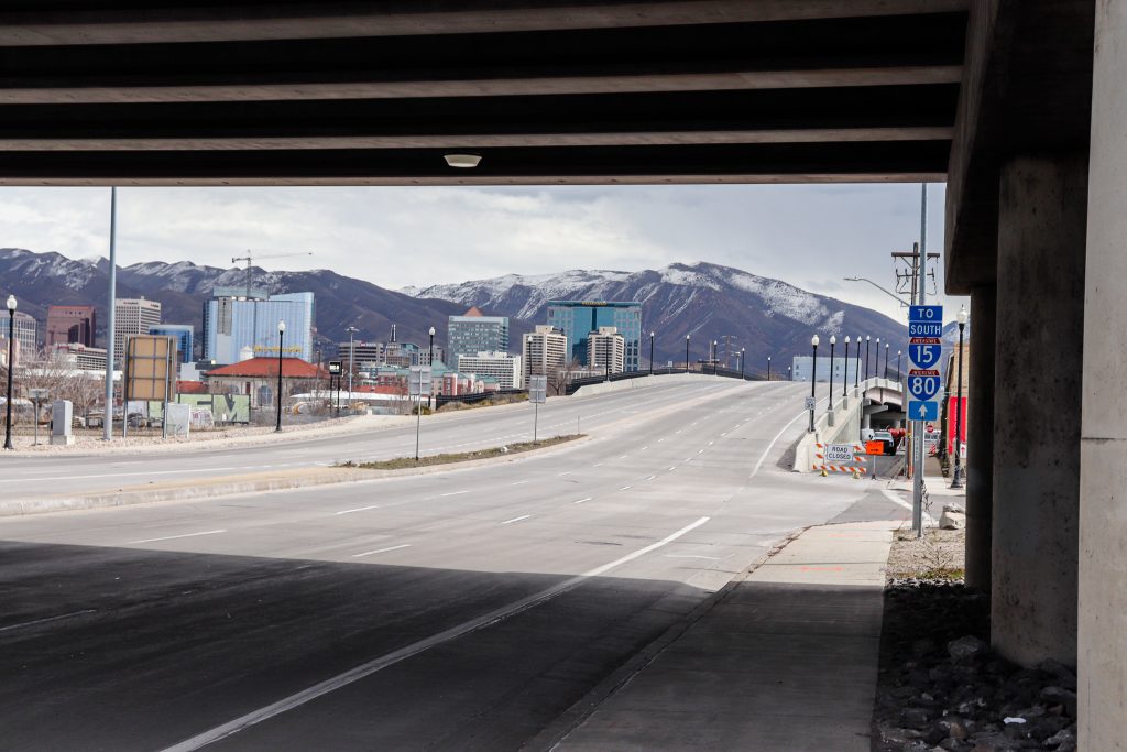 A picture of the 400 South viaduct that passes over the railroad tracks.