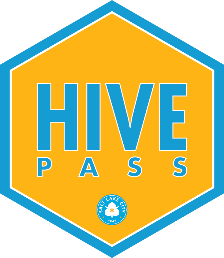 Hexagonal badge with "HIVE PASS" and Salt Lake City emblem.