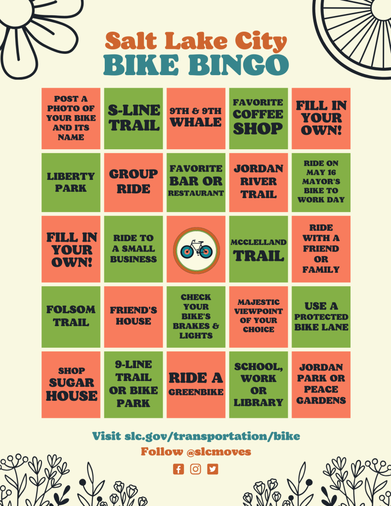 Salt Lake City Bike Bingo card with biking activities in a 5x5 colorful grid.
