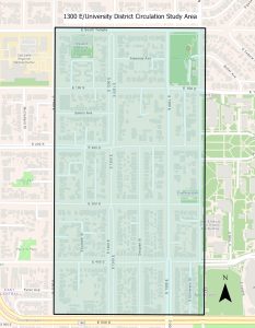 A map of the 1300 East University District Circulation Study area. 