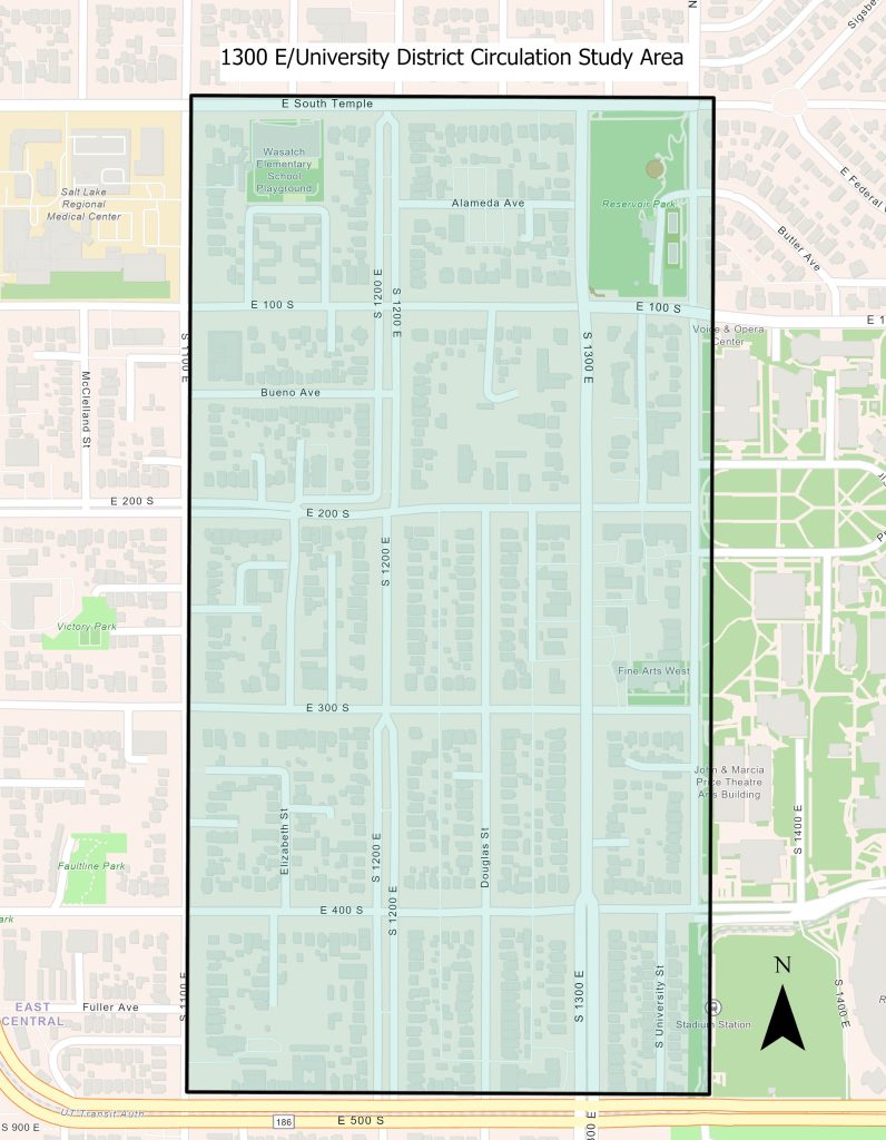 A map of the 1300 East University District Circulation Study area. 
