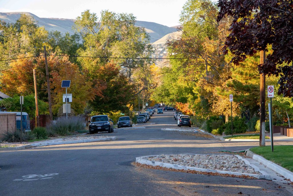 A photo of a curb extension that forms a chicane on the 800 East Neighborhood Byway.