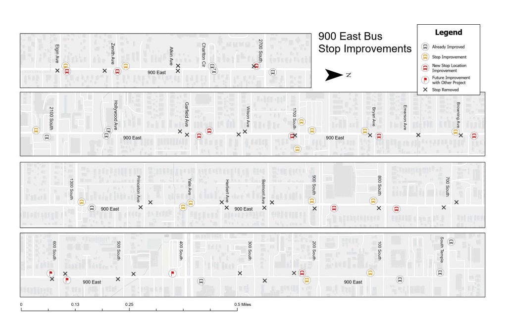 A map depicting the 900 East bus stop improvement locations.