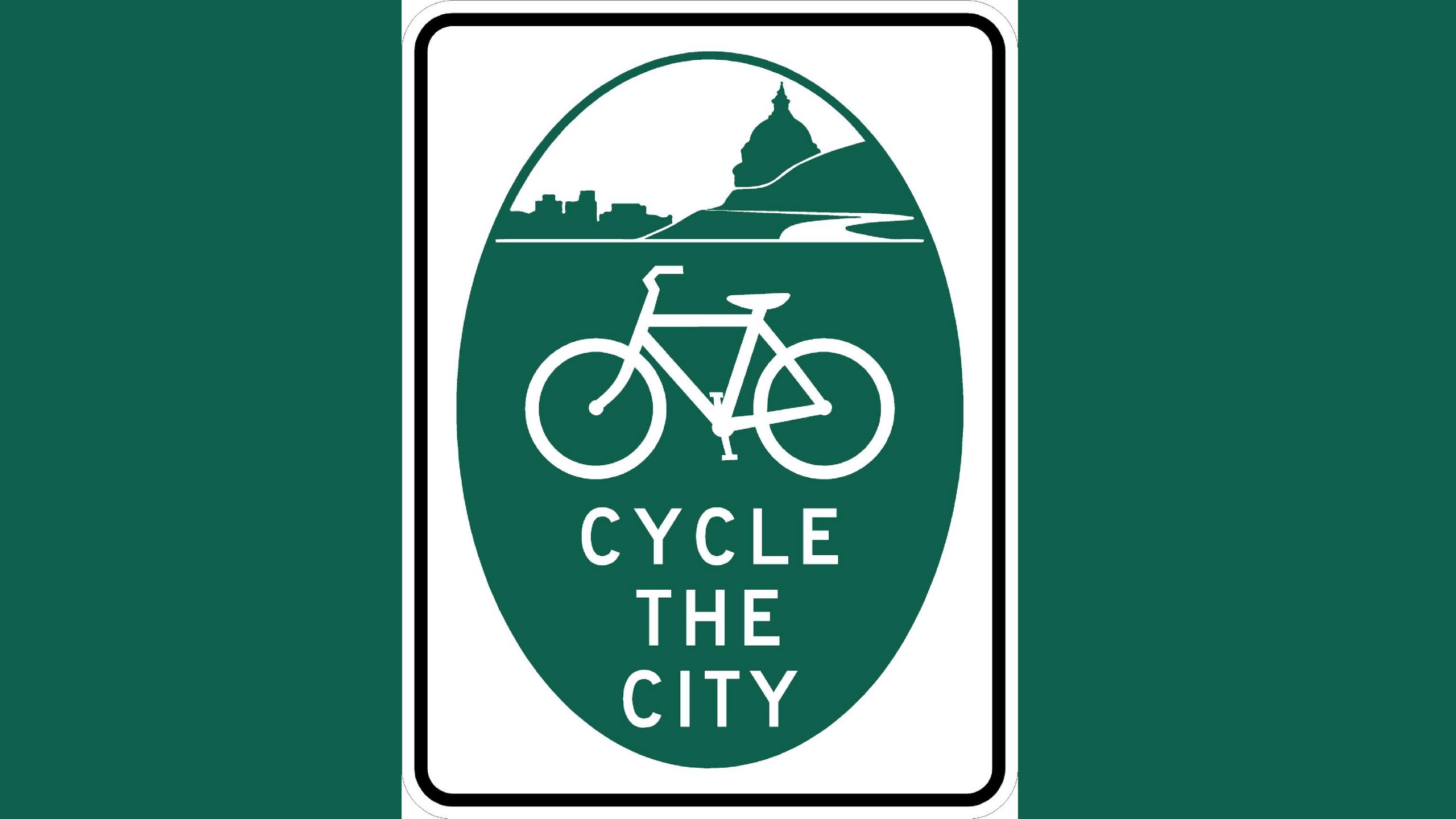 A graphic of Salt Lake City's Cycle the City sign. The sign has a white bicycle, text that says "CYCLE THE CITY", and is surrounded by dark forest green.