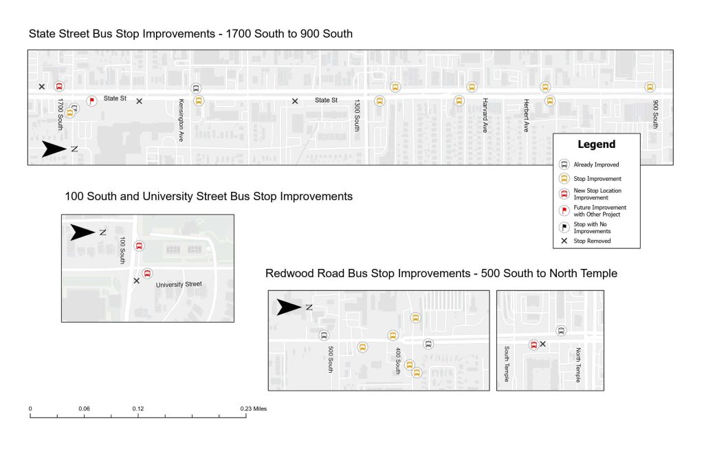 A map depicting the State Street, 100 South and University, and Redwood Road bus stop improvement locations.