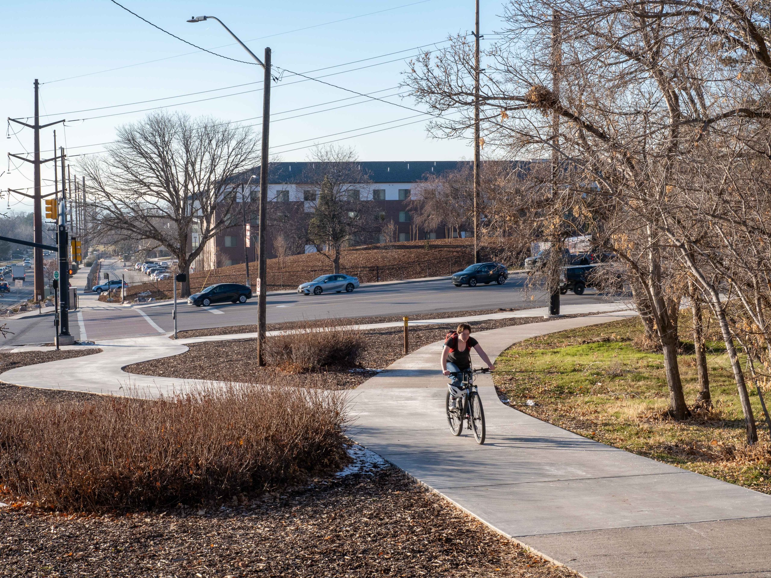 A cyclist riding the newly reconfigured intersection of Foothill and Sunnyside. 