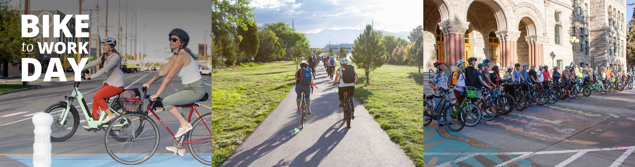 A collage of pictures of people riding bikes as part of the Mayor's Bike to Work day.