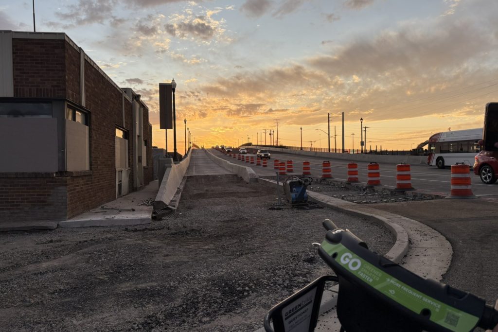 View of the new concrete barrier that will protect the future multi-use path on the 400 South viaduct bridge