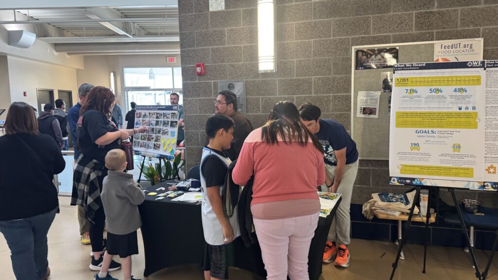 Community members and planners gathered at a WE Connect information booth. A large poster titled "What We Heard" displays survey statistics about transportation and goals for improved travel time. Attendees, including adults and children, are reviewing a "Westside" improvements board covered in photos and yellow sticky notes, while a staff member discusses the WE Connect project.