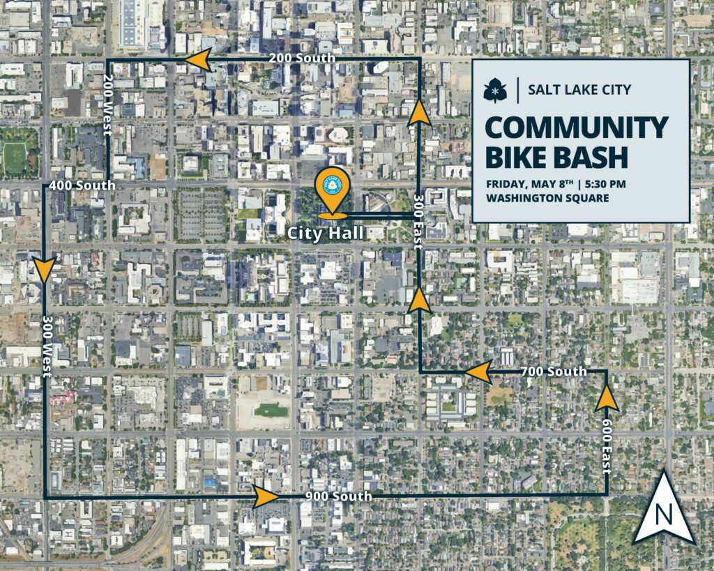 Route Map for Salt Lake City's Community Bike Bash which will take place on Friday, May 8th at 5:30PM at Washington Square (Salt Lake City Hall).

The route starts at City Hall and cuts across the Main Library campus toward 300 East. It continues northbound on 300 East to 200 South. On 200 South, it moves westbound toward 200 West. The bike route then continues southbound down 200 West toward 400 South where it turns westbound moving to 300 West. The ride will take 300 West all the way to 900 South and the junction with the 9 Line trail. The route then moves eastbound down 900 South toward Liberty Park and the intersection with 600 East. The ride will continue northbound on 600 East to 700 South, where it will turn westbound and move toward 300 East. At 300 East the ride will return northbound to the Main Library campus and across to the Salt Lake City and County Building.