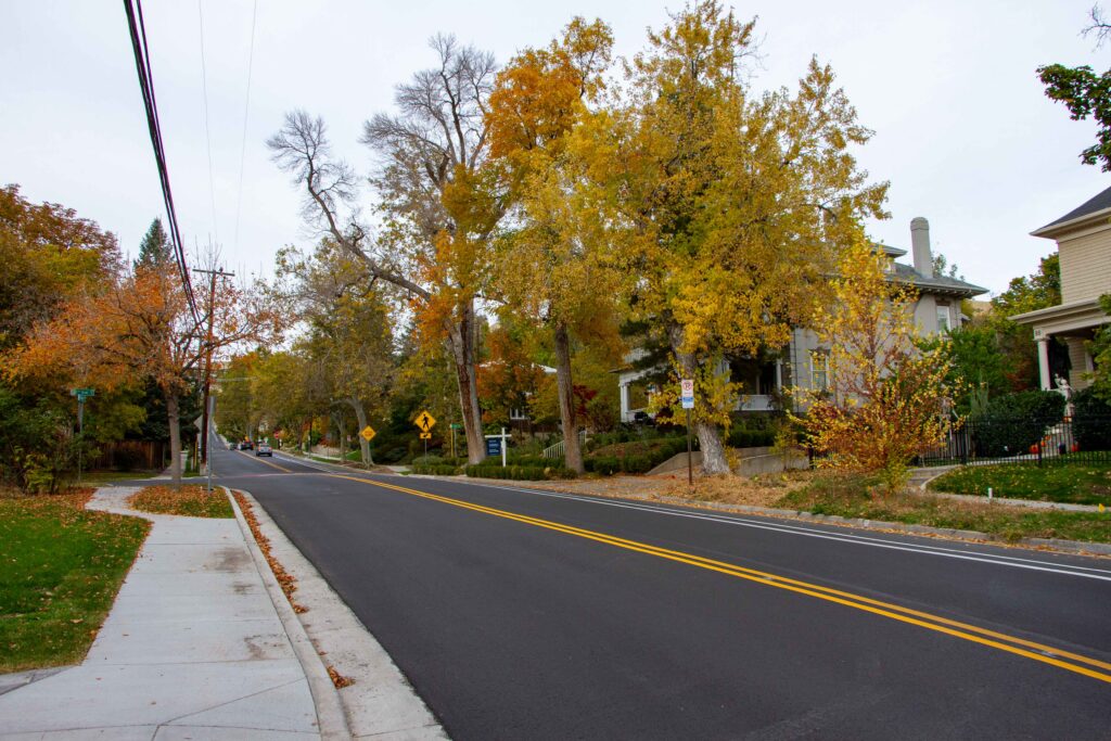Virginia Street, a two lane collector street with one lane for each direction of traffic.