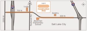 a map of SLCDPU's project to rehabilitate existing sewer line on 600 and 700 North between I-15 and I-215