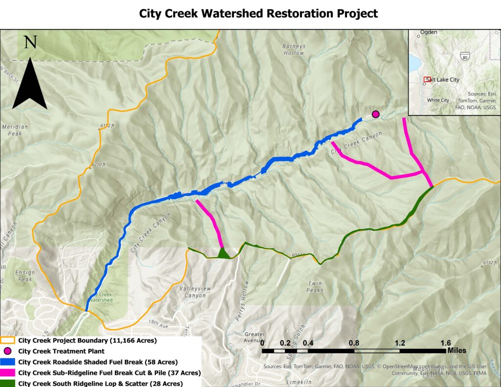 project map showing ridgeline fuel breaks, roadway shaded fuel breaks, and other forest treatments in City Creek Canyon