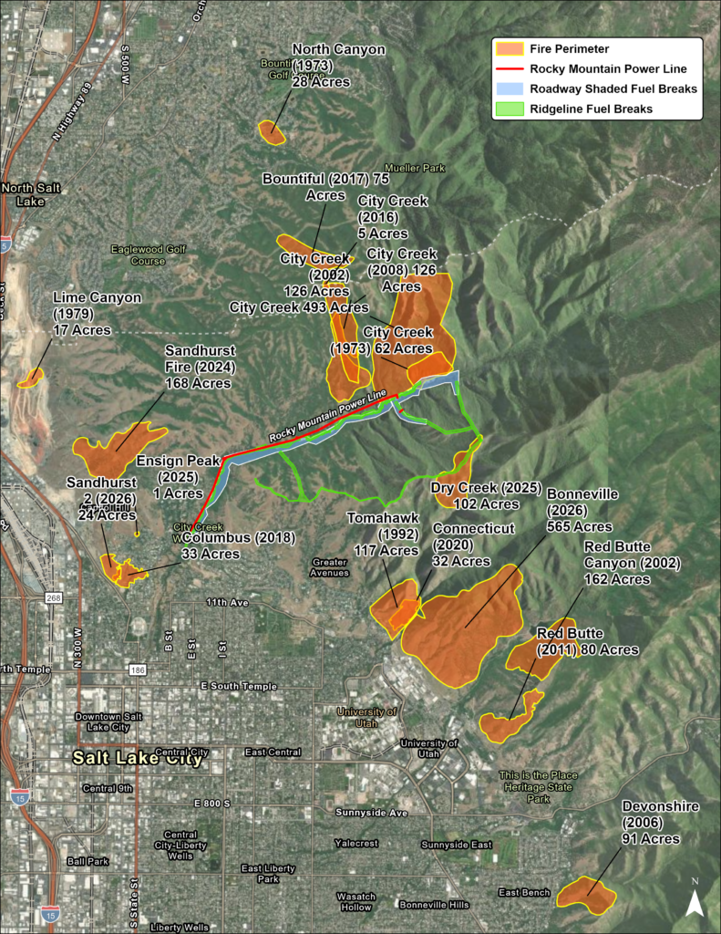 Map of historical wildfires in City Creek Canyon