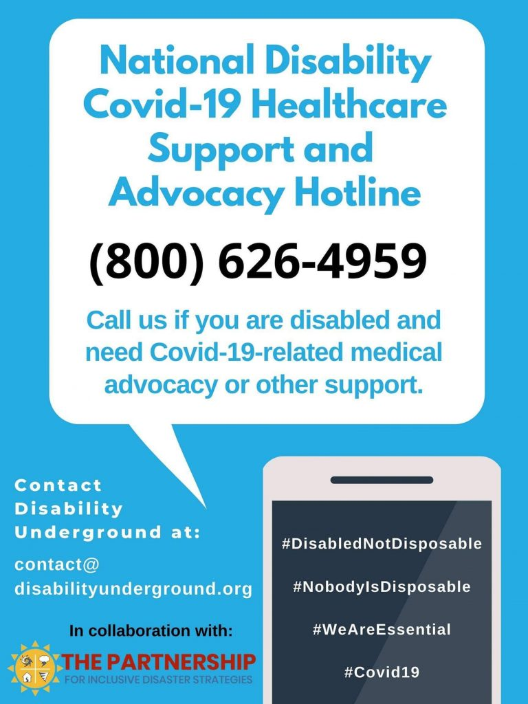 National Disability Covid-19 Healthcare Hotline 800-626-4959