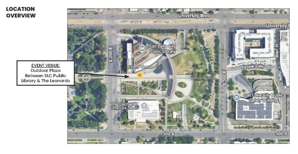 Watch Party event location. Located at between SLC Public LIbrary and Washington Squares.