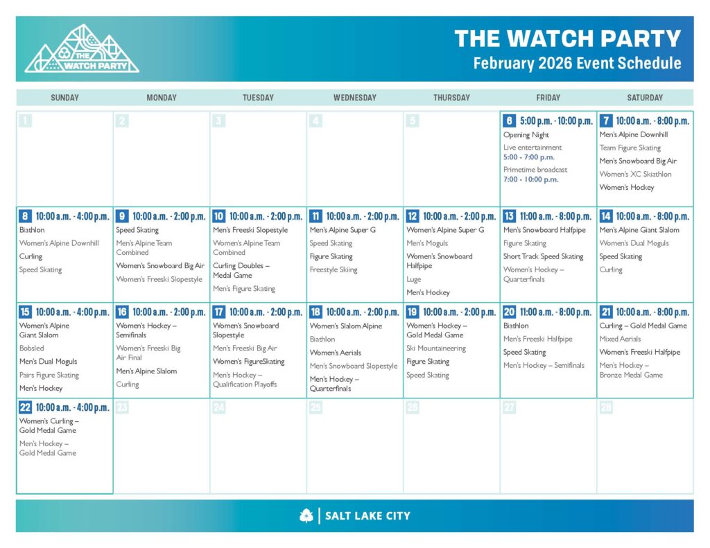 The Watch Party event schedule for February 2026.